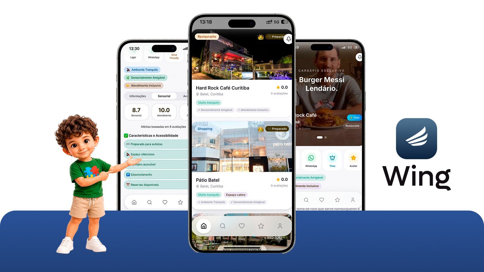 Telas do App Wing com estabelecimentos preparados, como Hard Rock Café Curitiba e Pátio Batel