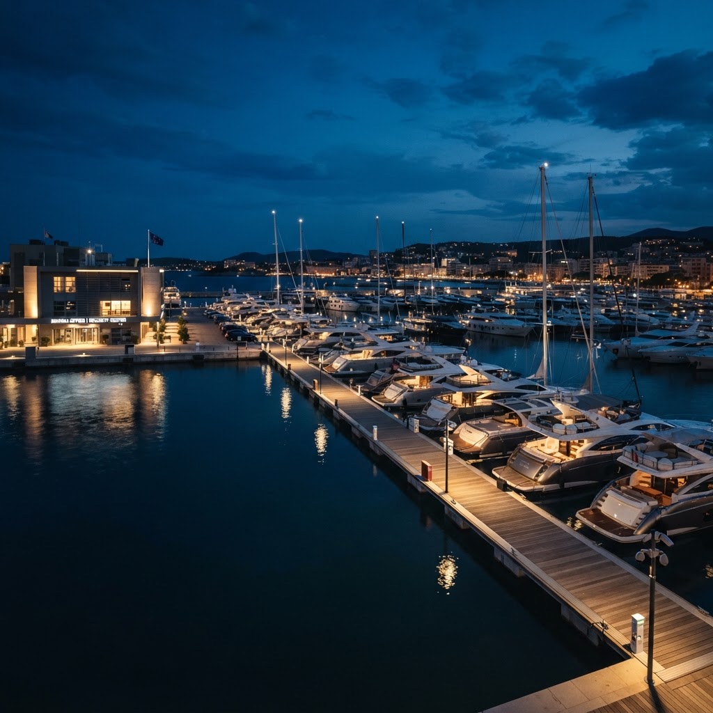 Marina at night protected by surveillance