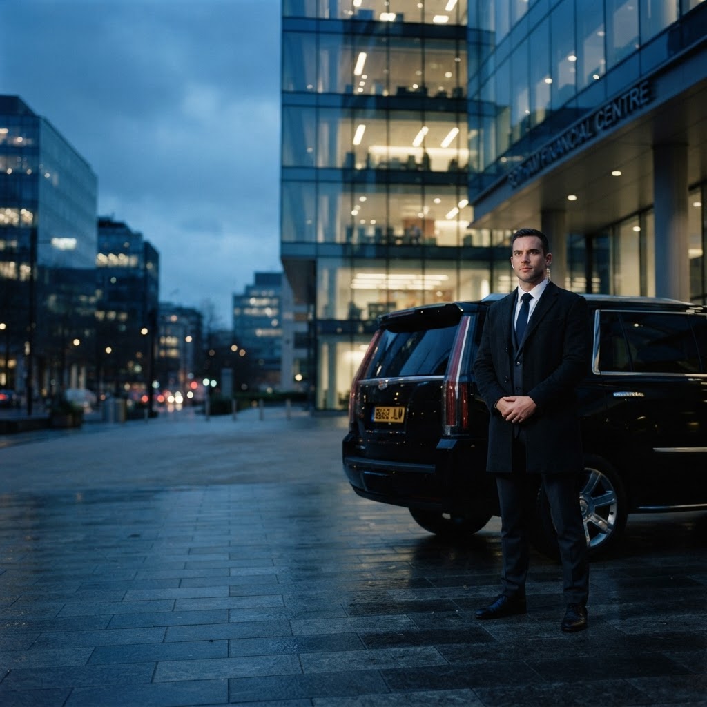 Executive protection agent beside a vehicle
