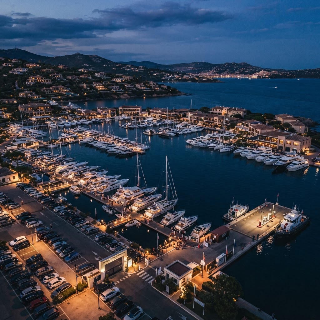 Aerial view of a marina showing docks, boats, parking, fuel dock, gates and buildings