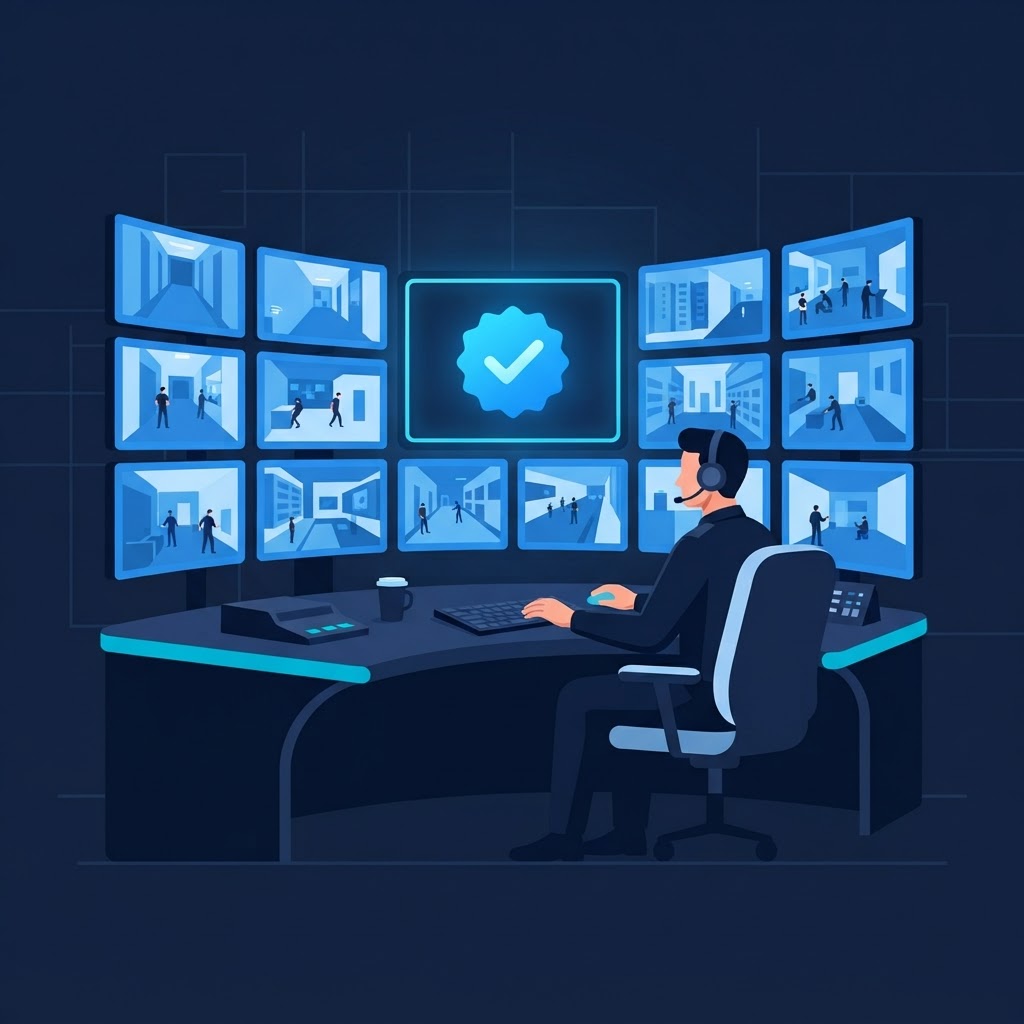 Illustration of a command center operator verifying a live camera feed