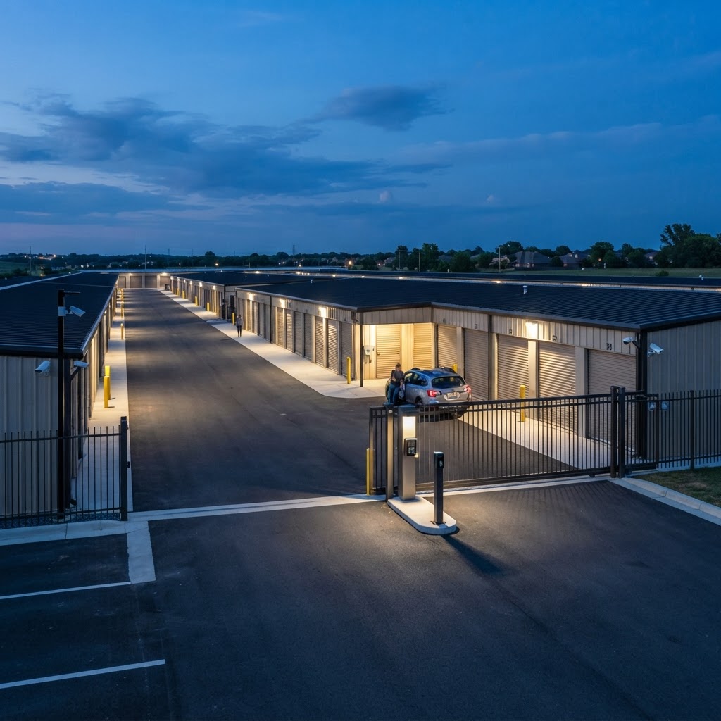 Self storage facility at dusk