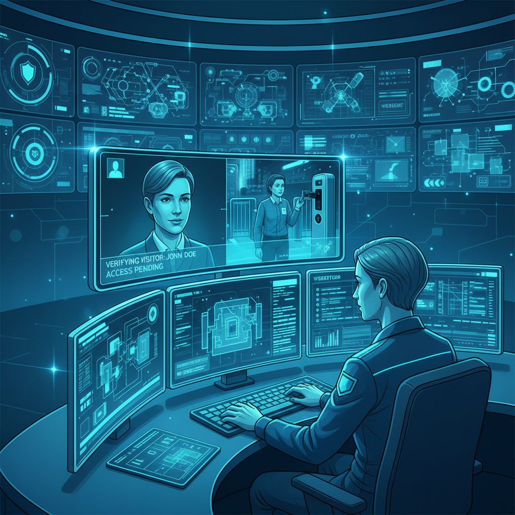Security operator verifying visitor