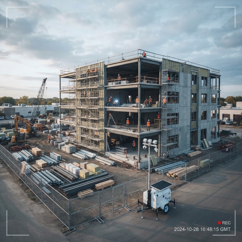 Active New York commercial construction site with scaffolding and a mobile security trailer under video monitoring