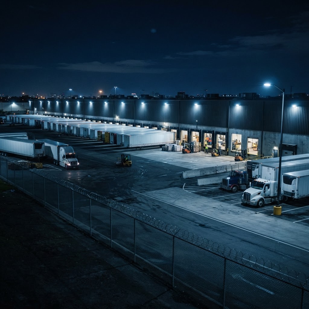 Distribution warehouse loading dock at night