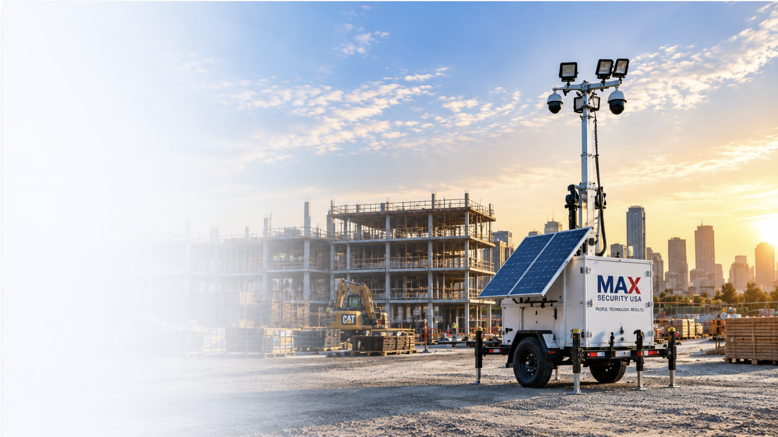 Mobile security trailer protecting an active construction site at sunset