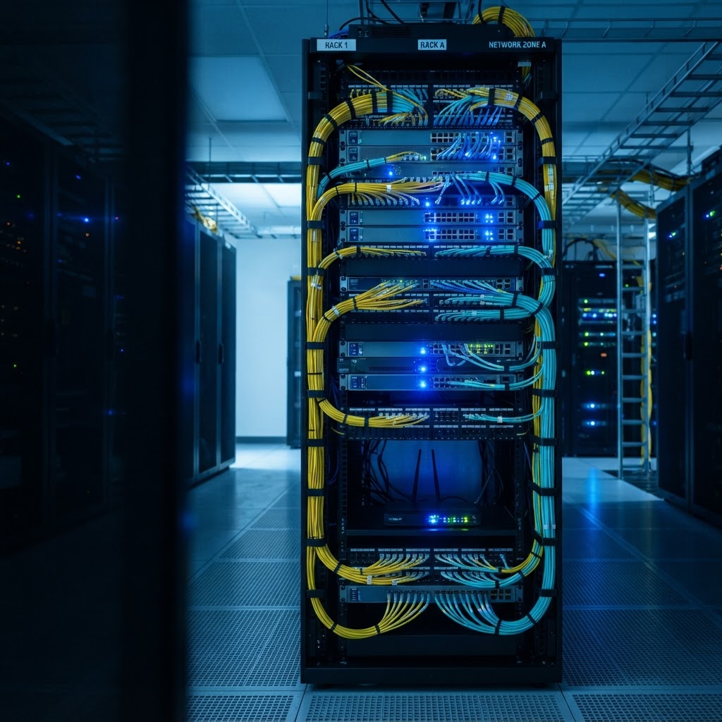 Network rack with fiber and managed switches