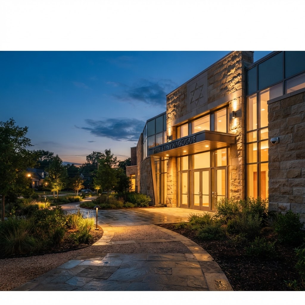 Modern synagogue entrance at dusk with a discreet security camera near the doors