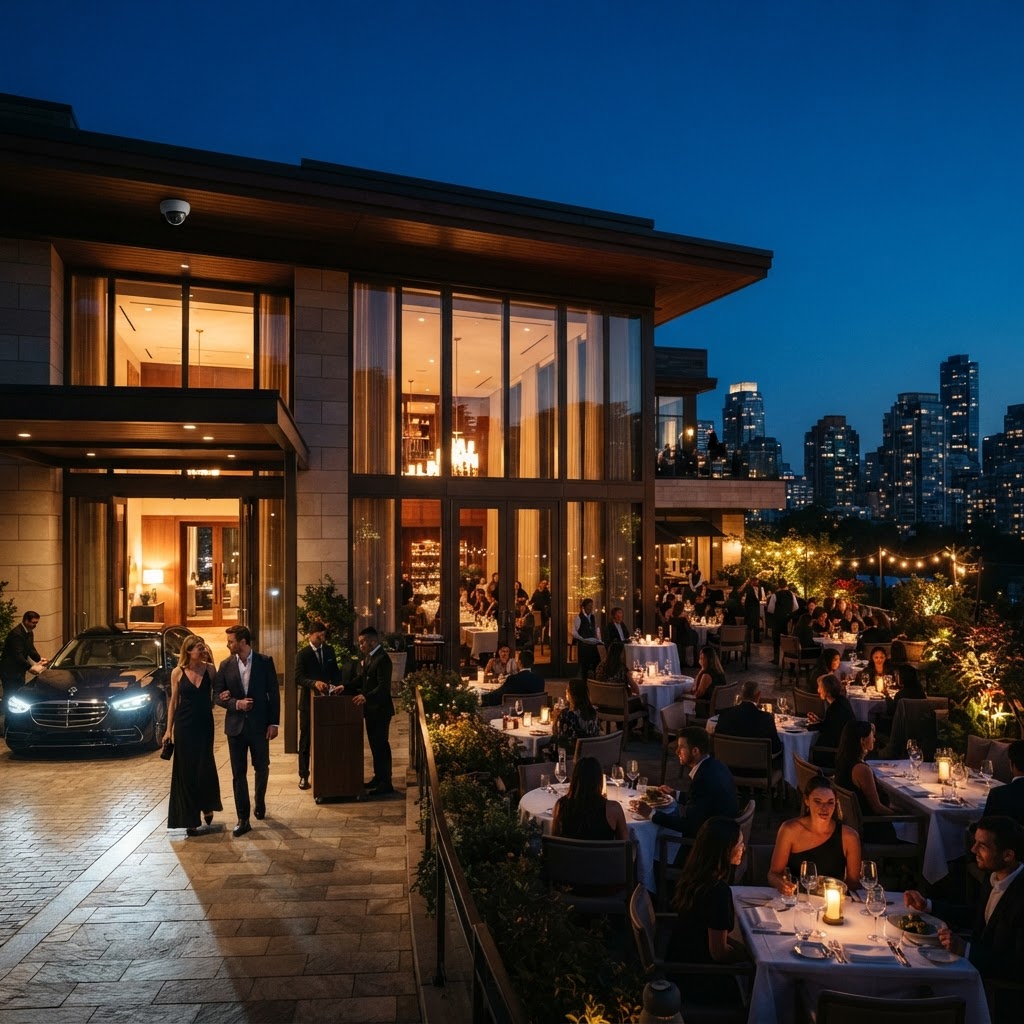 Upscale hospitality venue at dusk