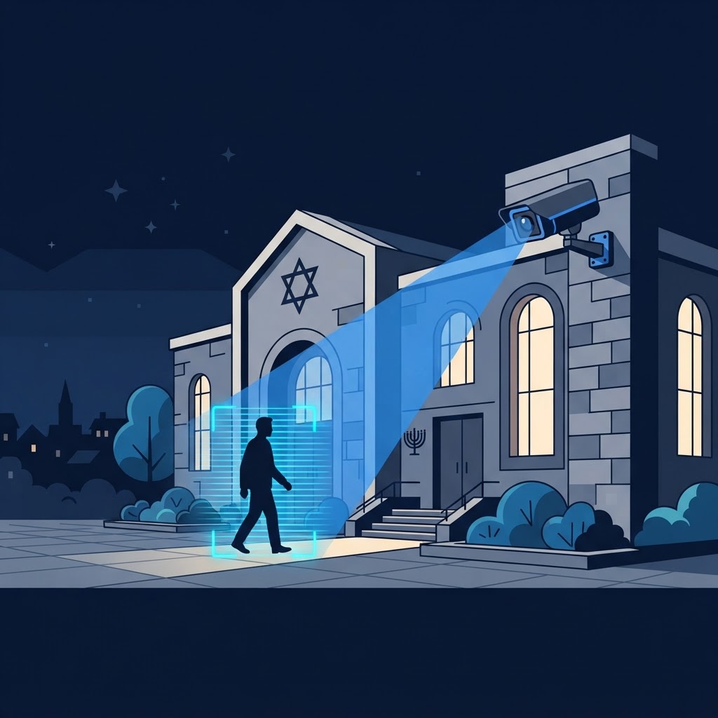 Illustration of an AI security camera detecting movement near a synagogue entrance