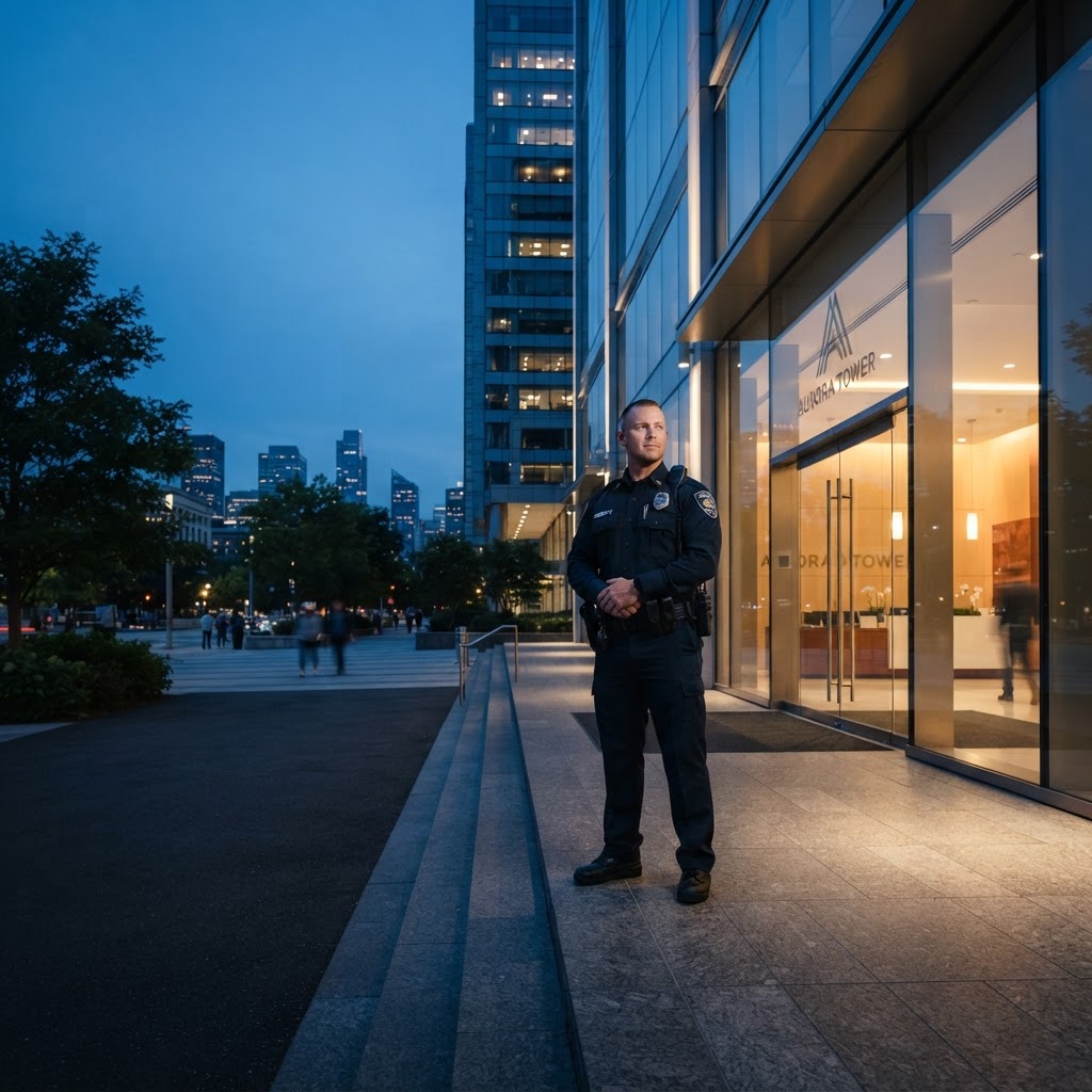 Uniformed security officer at a corporate building entrance