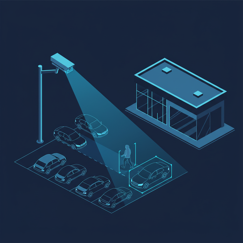 Illustration of AI camera detecting intrusion on dealership lot