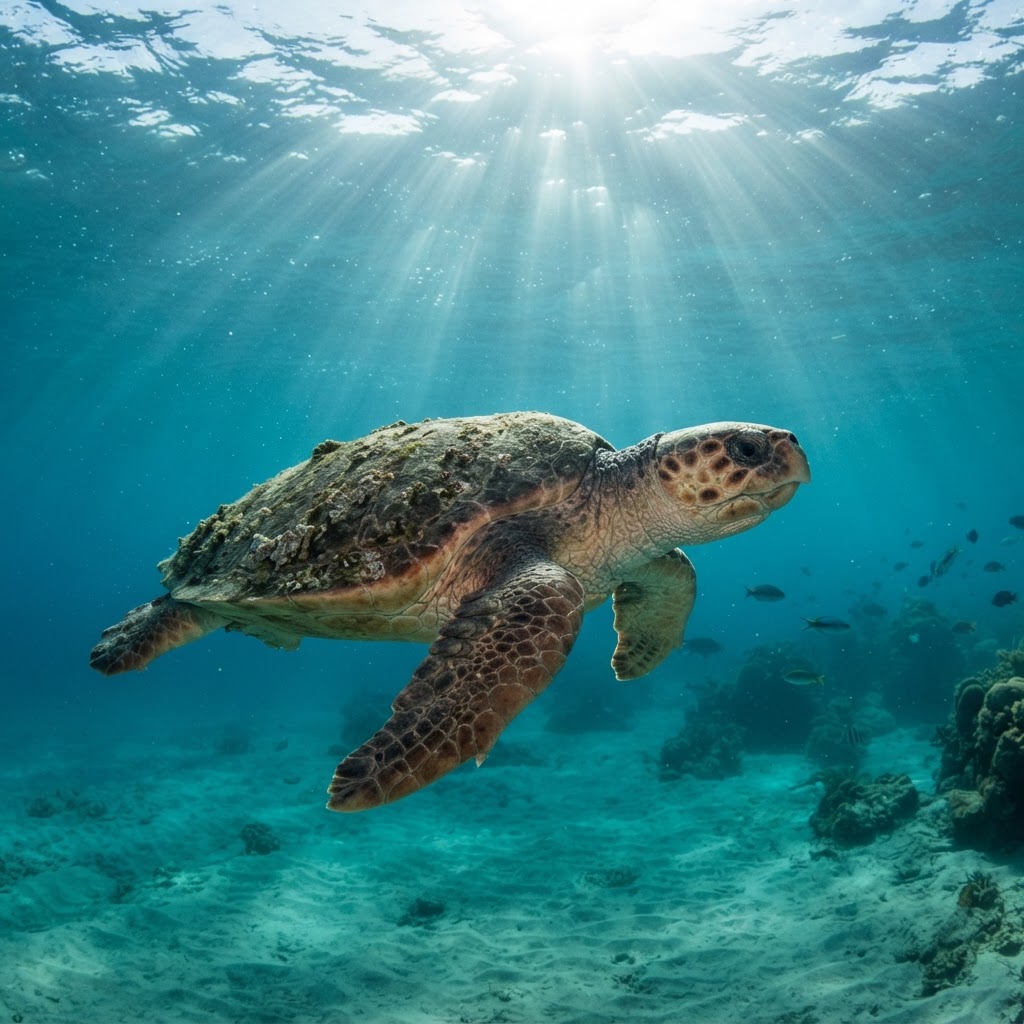 Max the rescued sea turtle swimming in the ocean