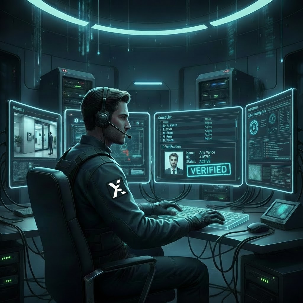 Command center operator verifying a lobby visitor
