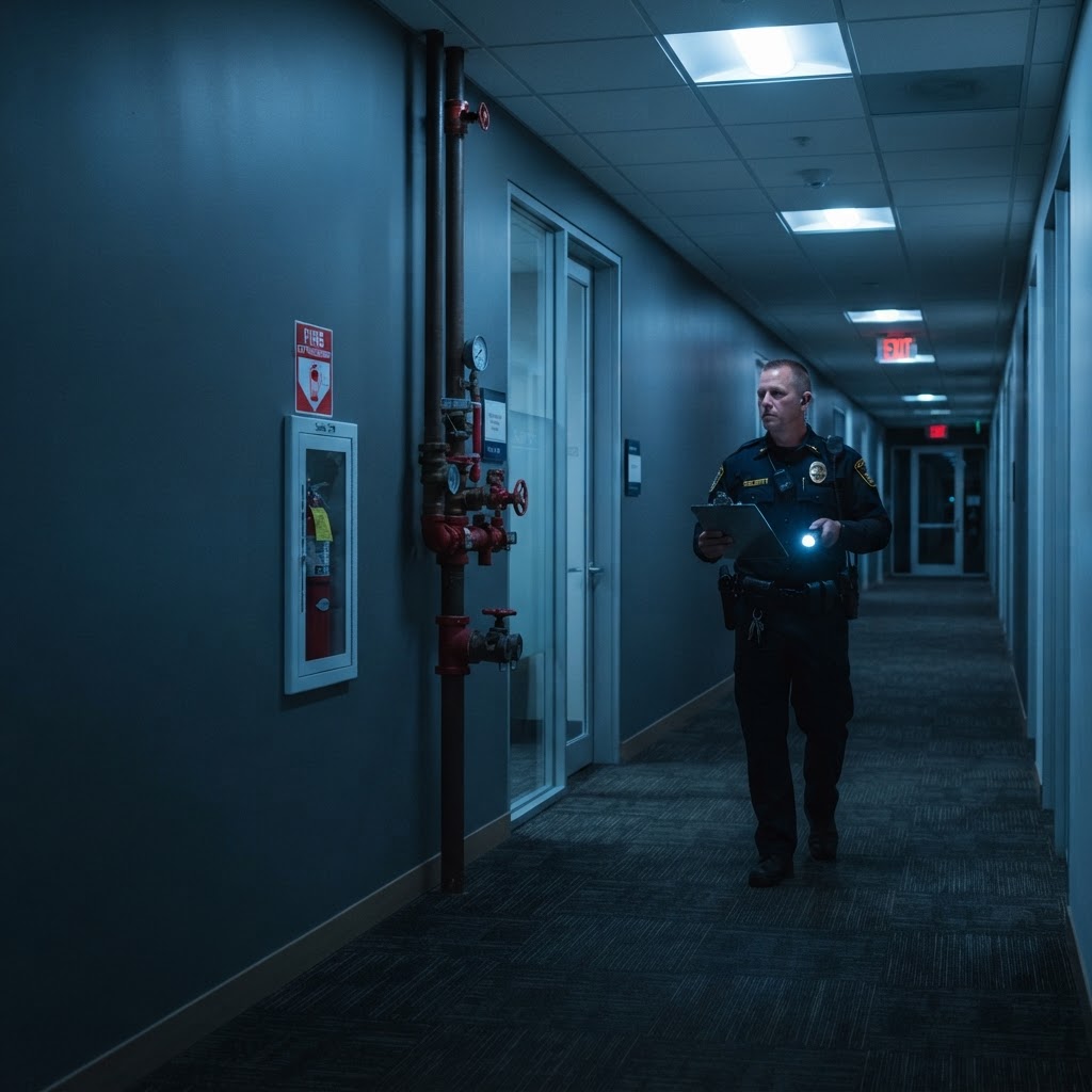 Fire watch officer patrolling a commercial building