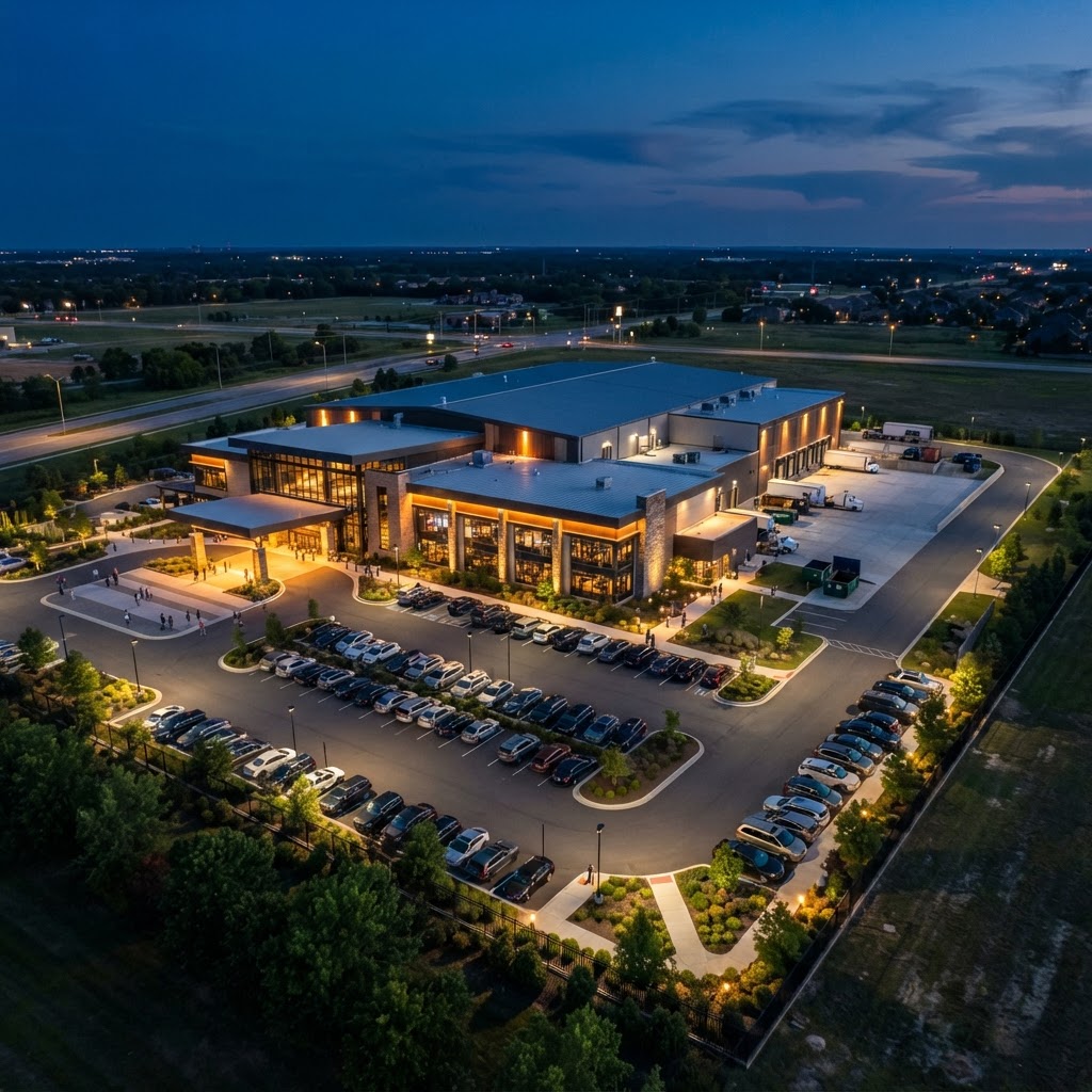 Hospitality and entertainment property at dusk