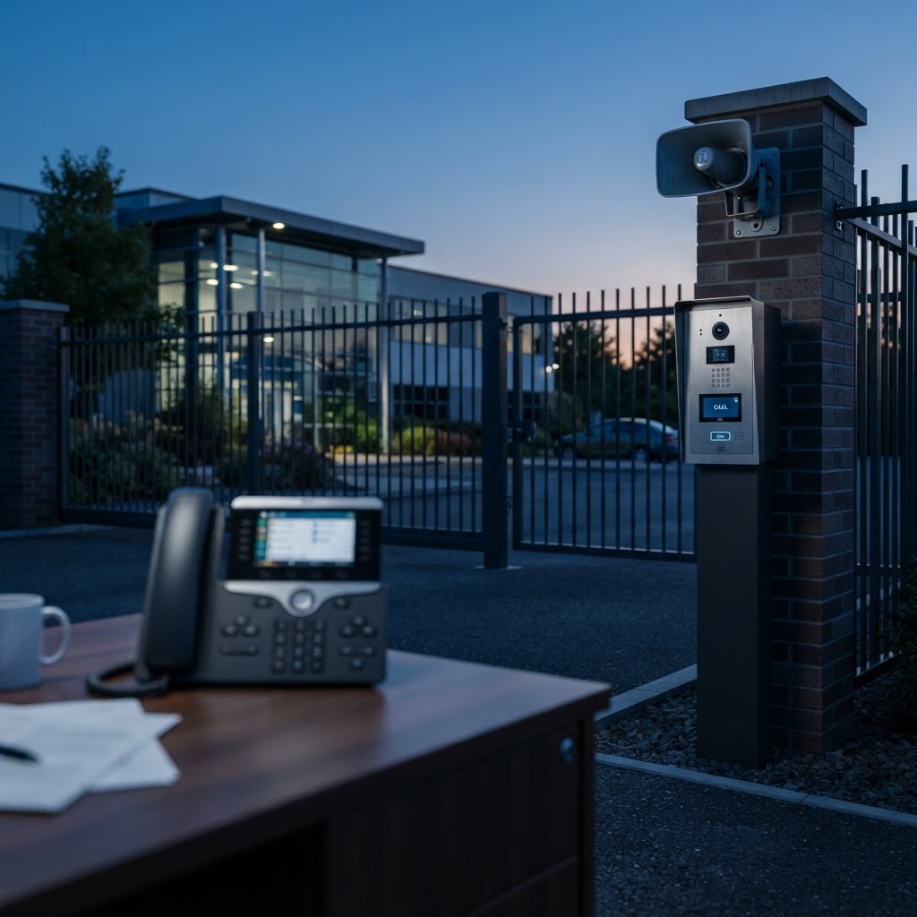 Video intercom entry station and IP speaker at a property gate