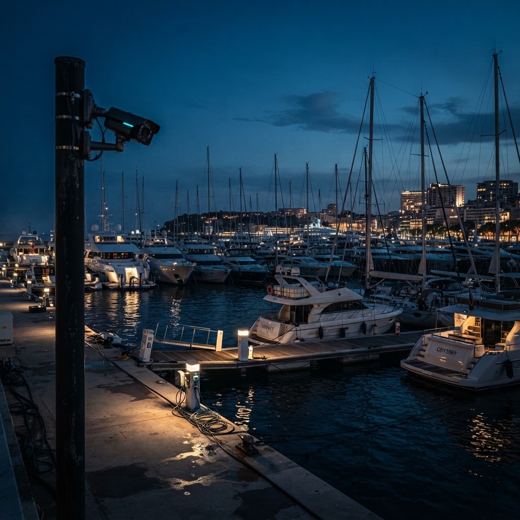 Marina at night with boats in slips under video surveillance
