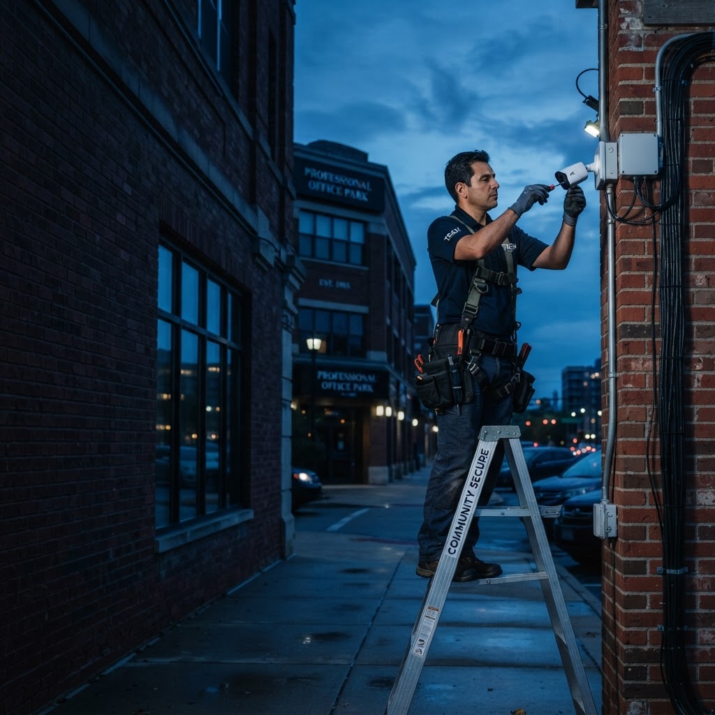 Technician installing a security camera on a building exterior