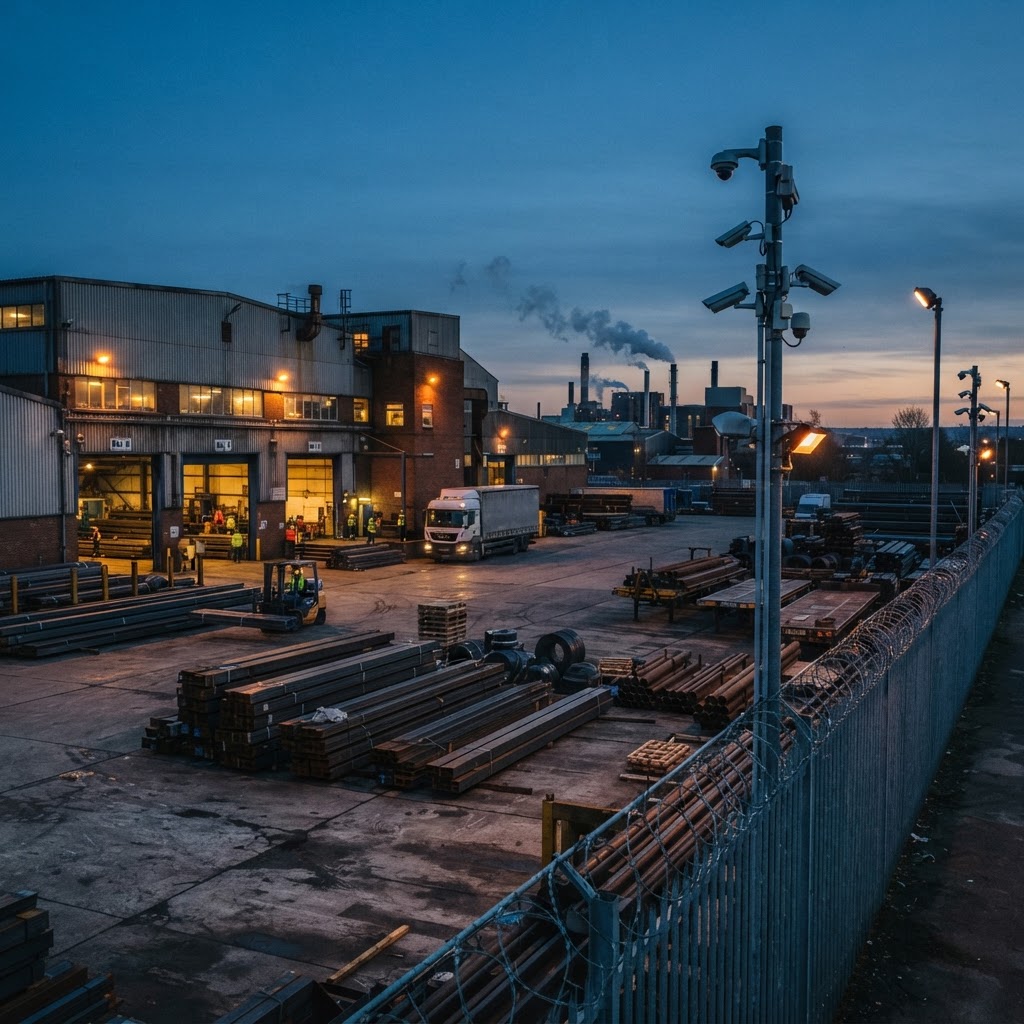 Industrial manufacturing yard at dusk
