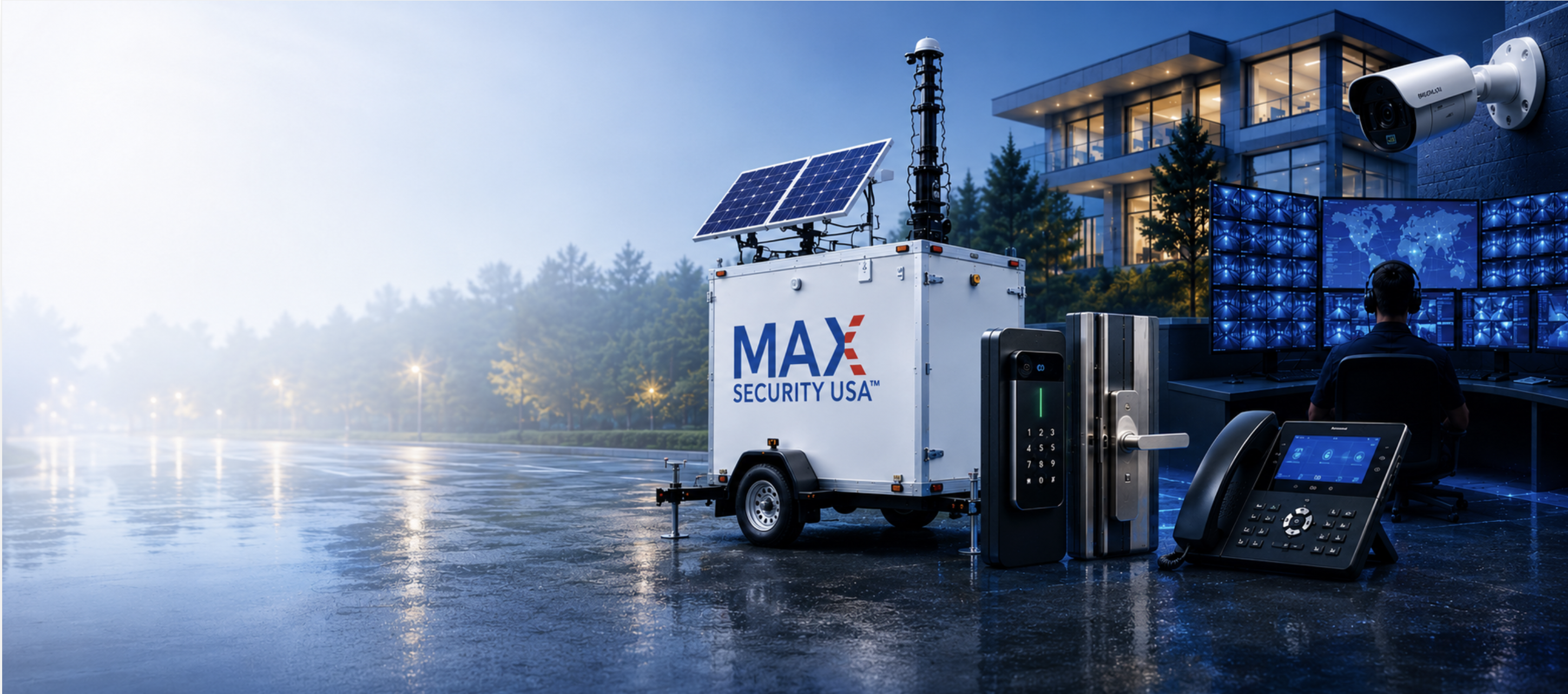 Max Security technology — mobile solar trailer, access control, video surveillance, command center and phone systems