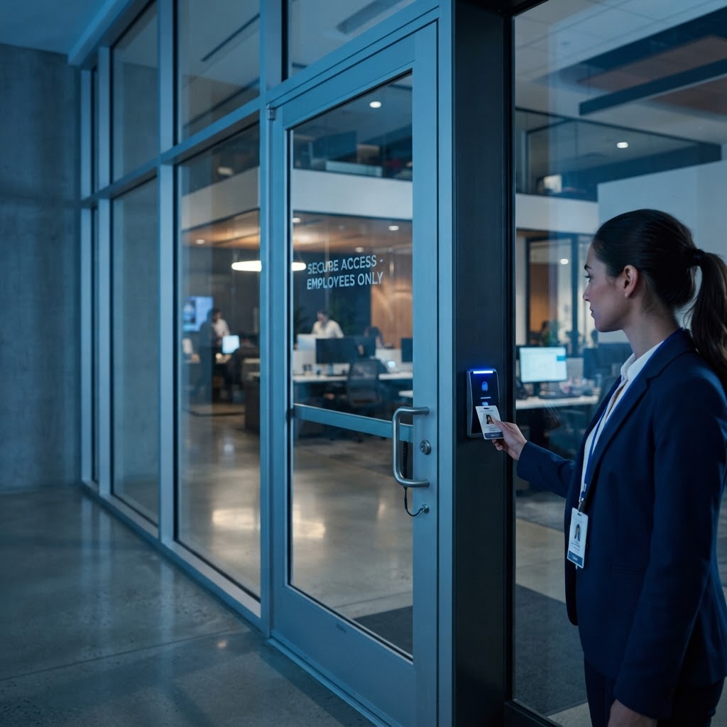 Employee badging in at a modern office access control reader