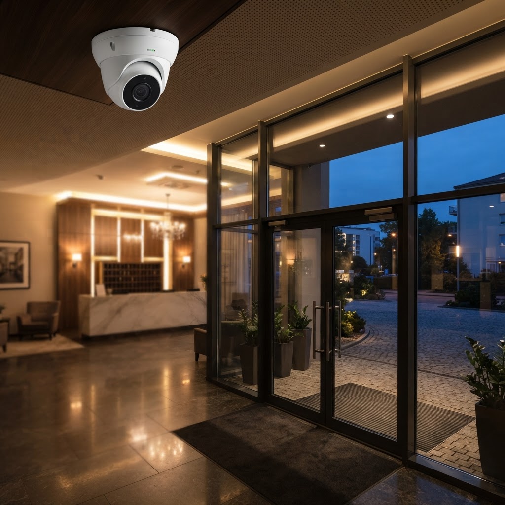 Modern hotel lobby entrance with a commercial dome security camera mounted on the ceiling