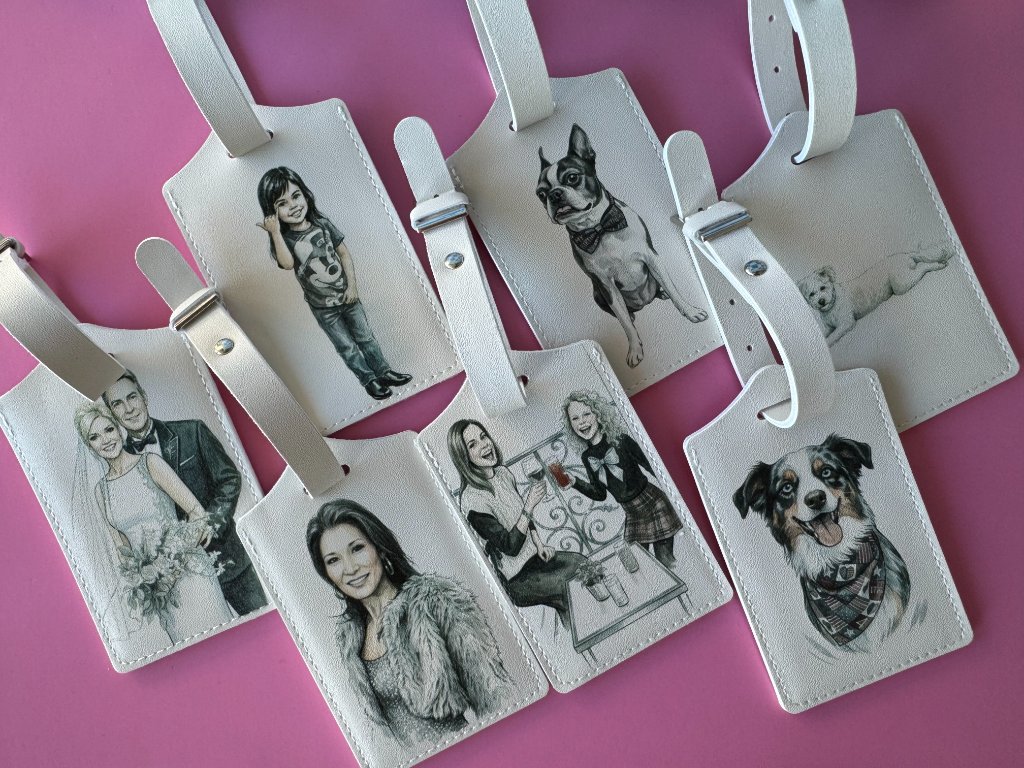 Custom illustrated portrait luggage tags — pets, couples, and family portraits printed on premium leather