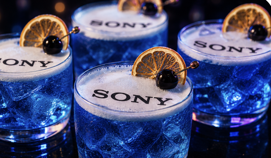Sony branded blue cocktails with custom garnishes
