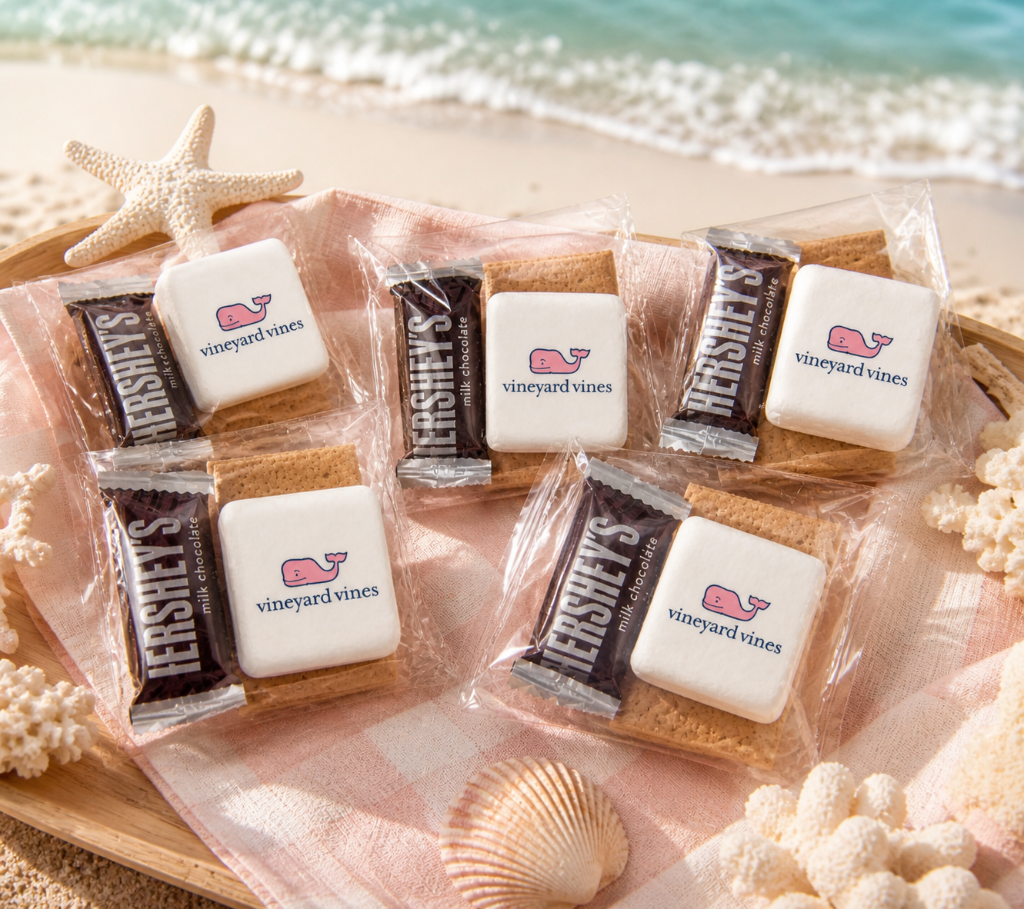 Vineyard Vines branded s'mores kits on beach with nautical theme