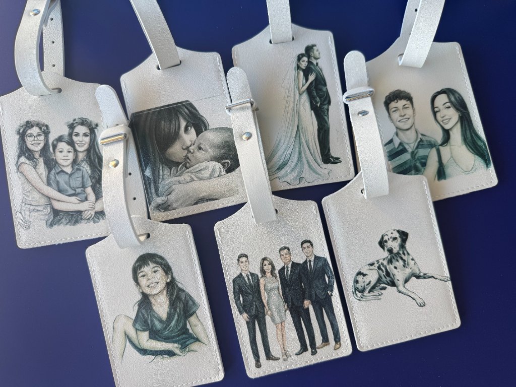 Live printing luggage tags with illustrated portraits — families, couples, pets, and more