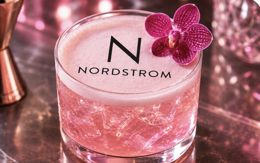 Nordstrom branded pink cocktail with orchid garnish