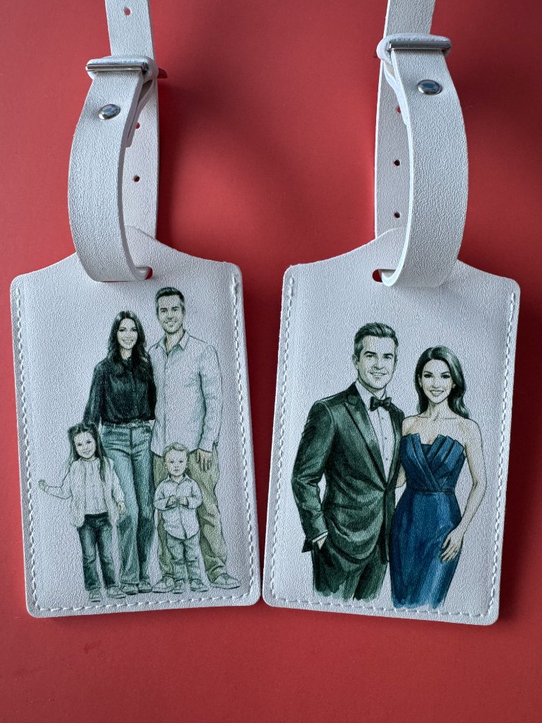 Custom illustrated family and couple portrait luggage tags printed live at event