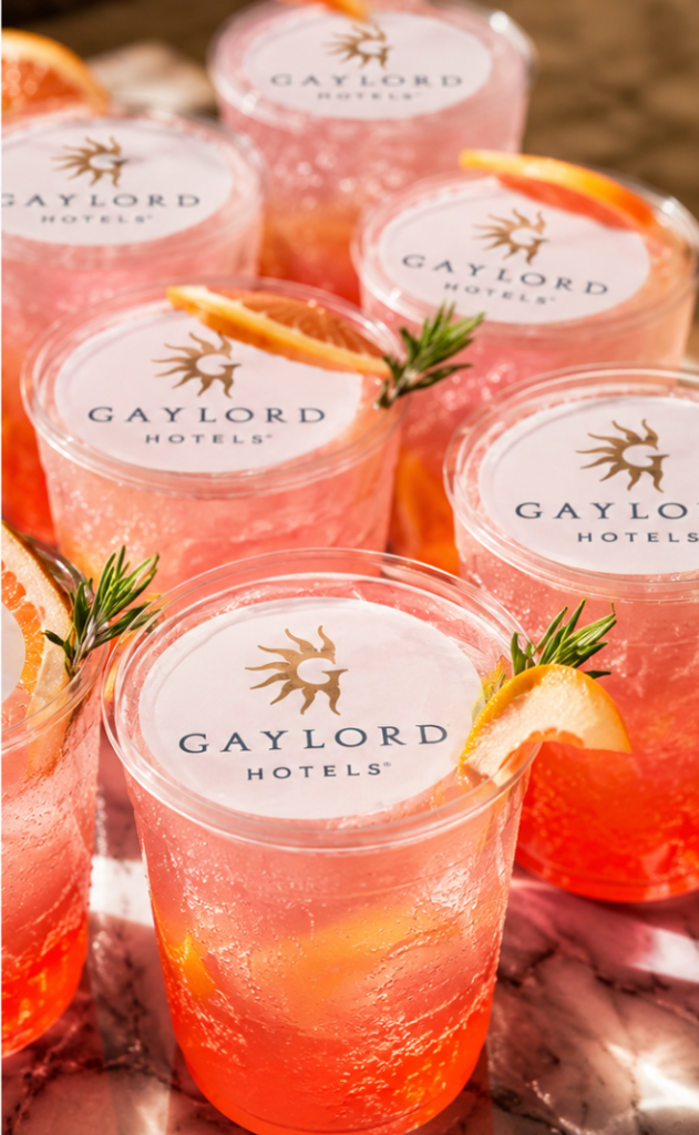 Gaylord Hotels branded pink cocktails with custom coasters