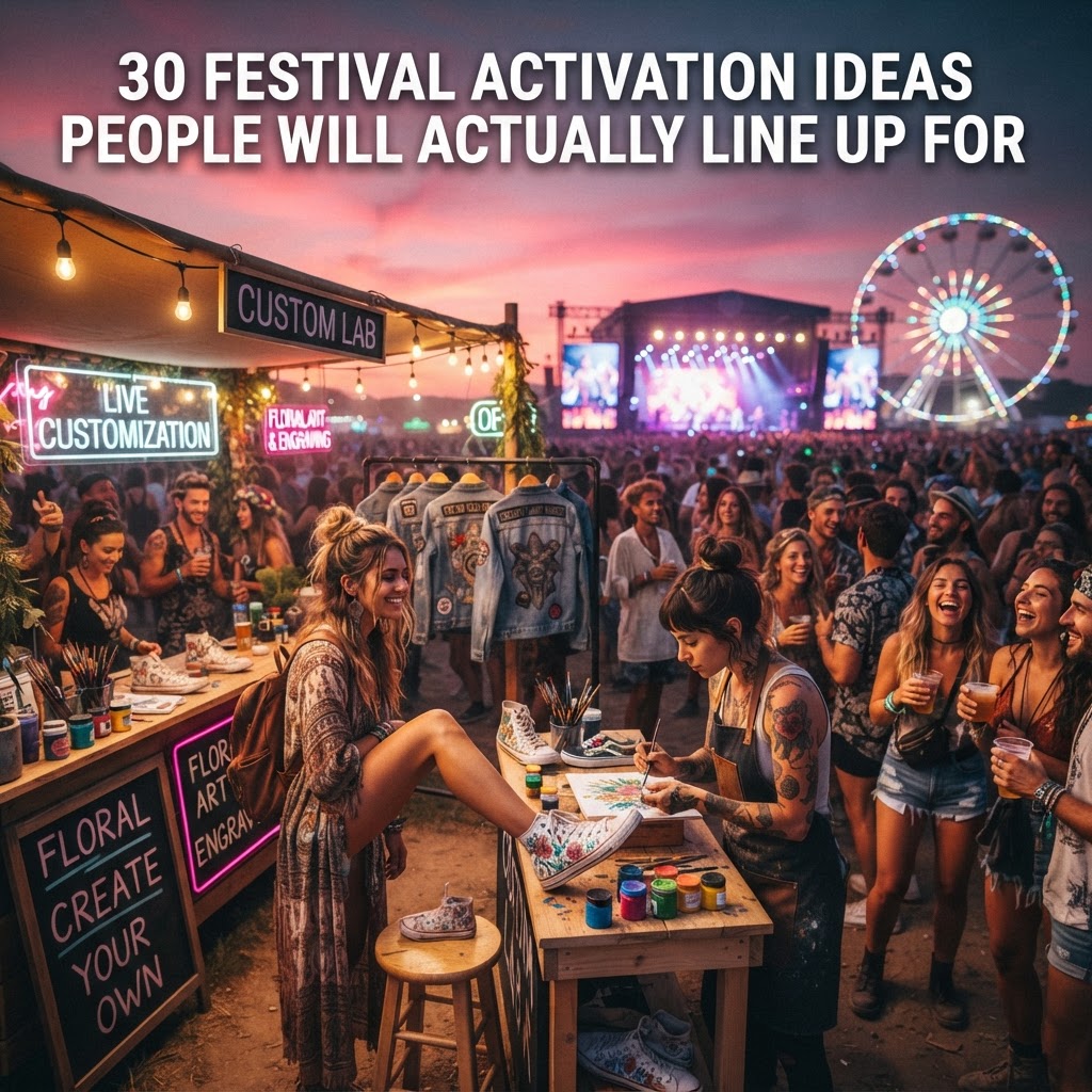 live music festival personalization activation — guests watching custom sneakers and denim being personalized at a festival booth