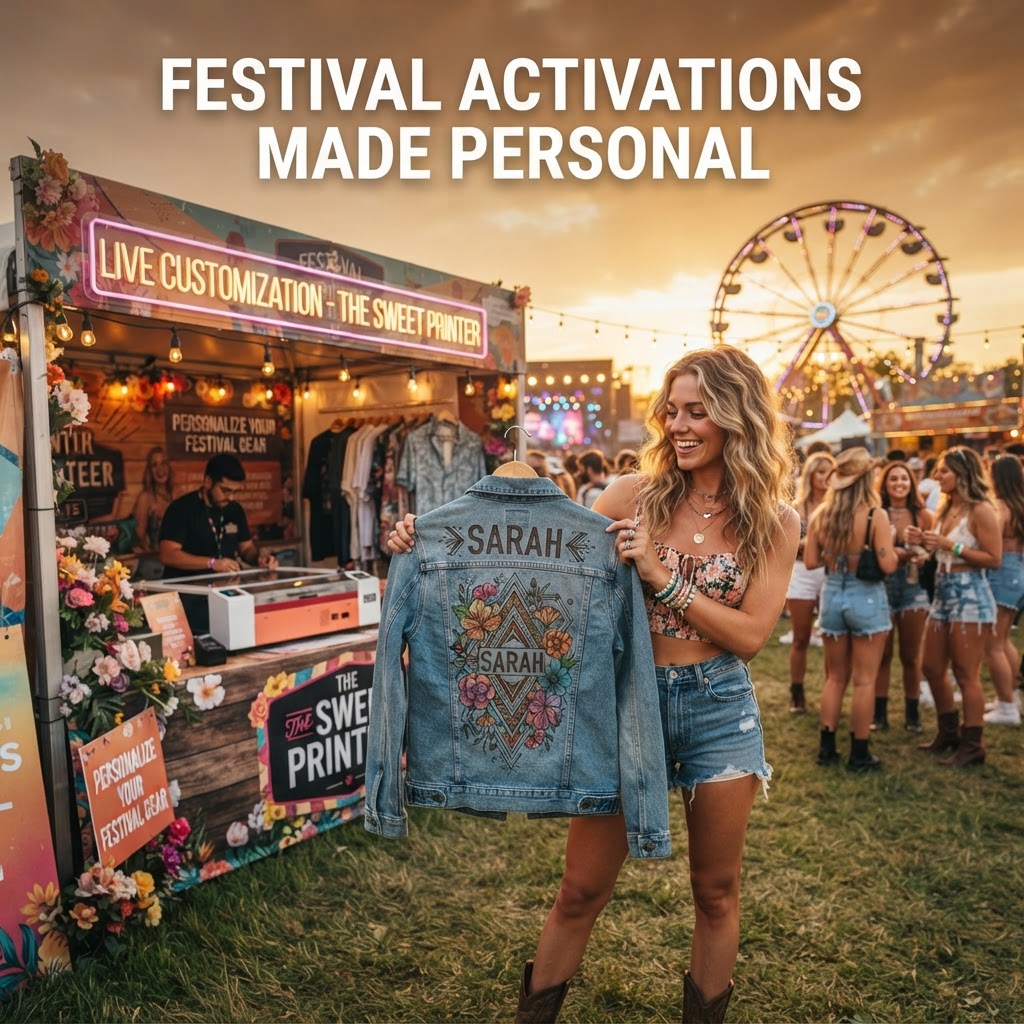 live personalization festival brand activation — a guest holds a custom laser-engraved denim jacket at a music festival at sunset