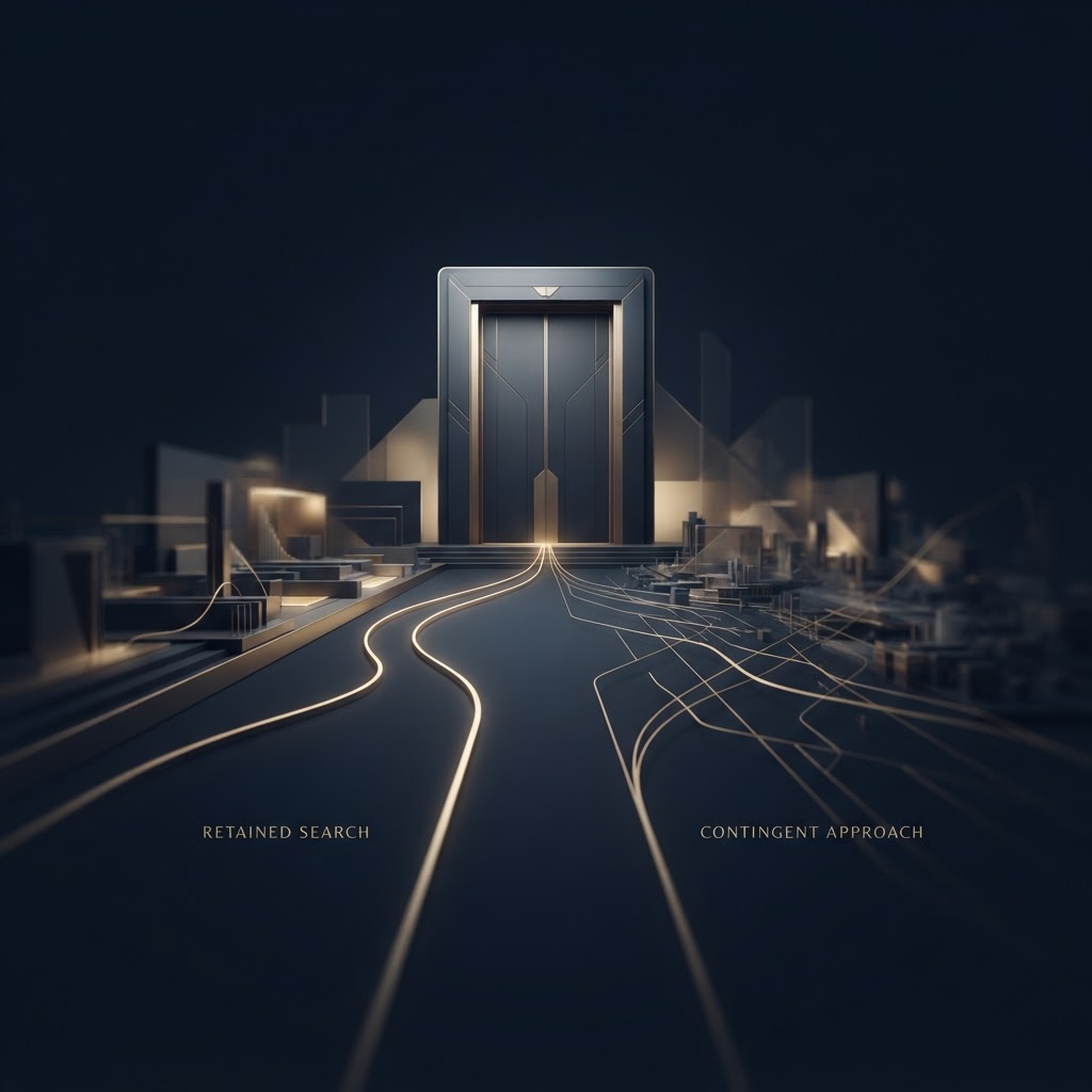 Two converging pathways symbolising retained versus contingent executive search for healthcare leadership appointments.
