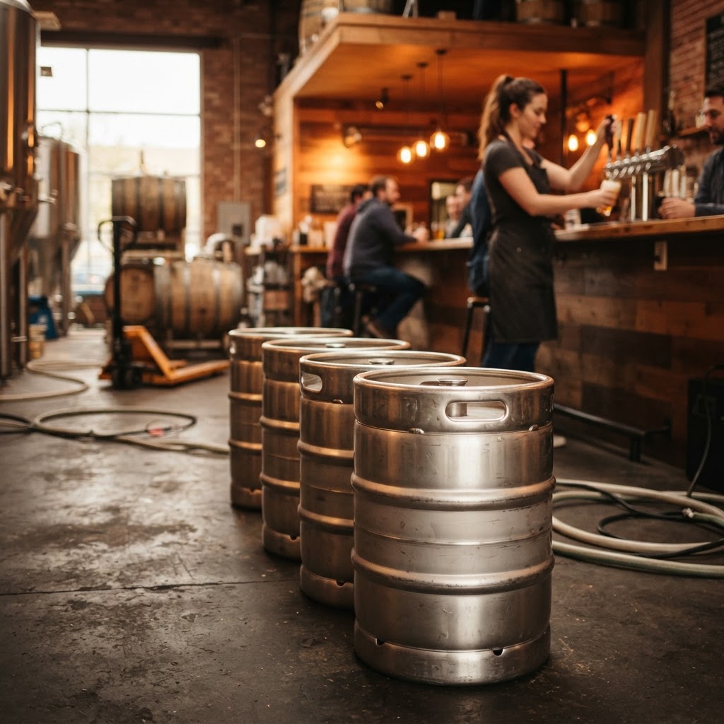 Row of stainless steel beer kegs in a brewery