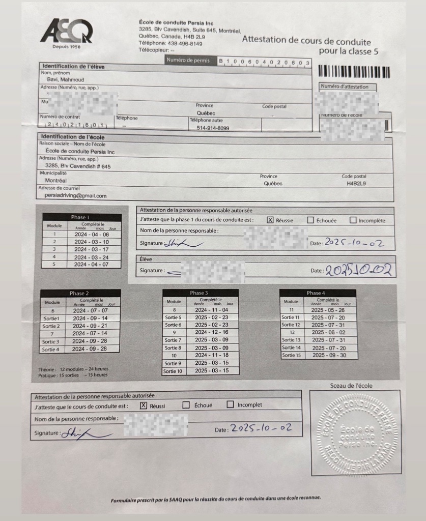 Attestation de cours de conduite — example with all 4 phases completed, signed and stamped