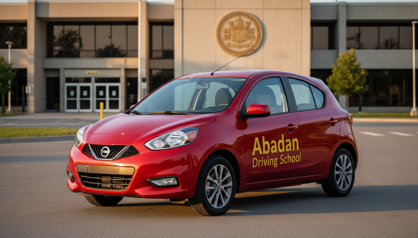 Red Nissan Micra 2016 with Abadan Driving School yellow lettering