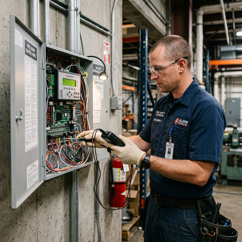 Fire alarm technician inspecting system