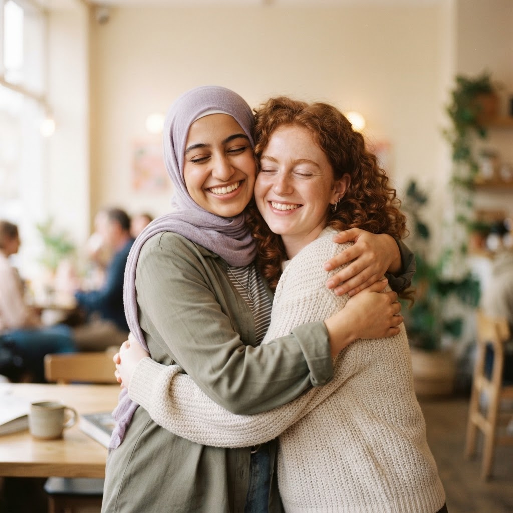 A woman in a hijab sharing a warm hug with a redhead friend