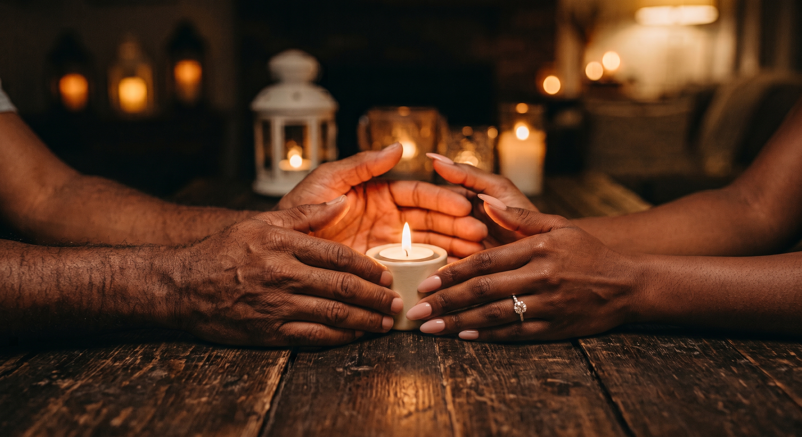 Two people cupping a glowing candle between them