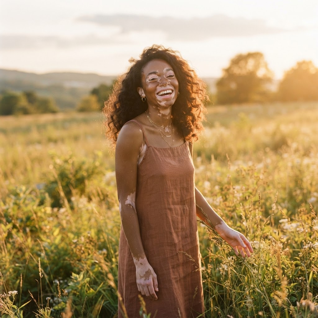 A radiant woman with vitiligo smiling in a sunlit field