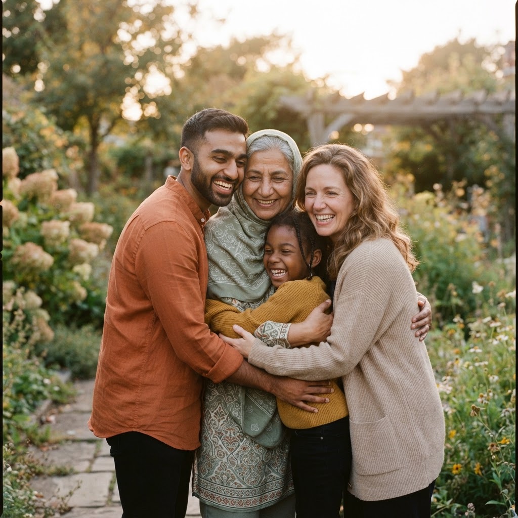 A diverse multigenerational group sharing a warm hug