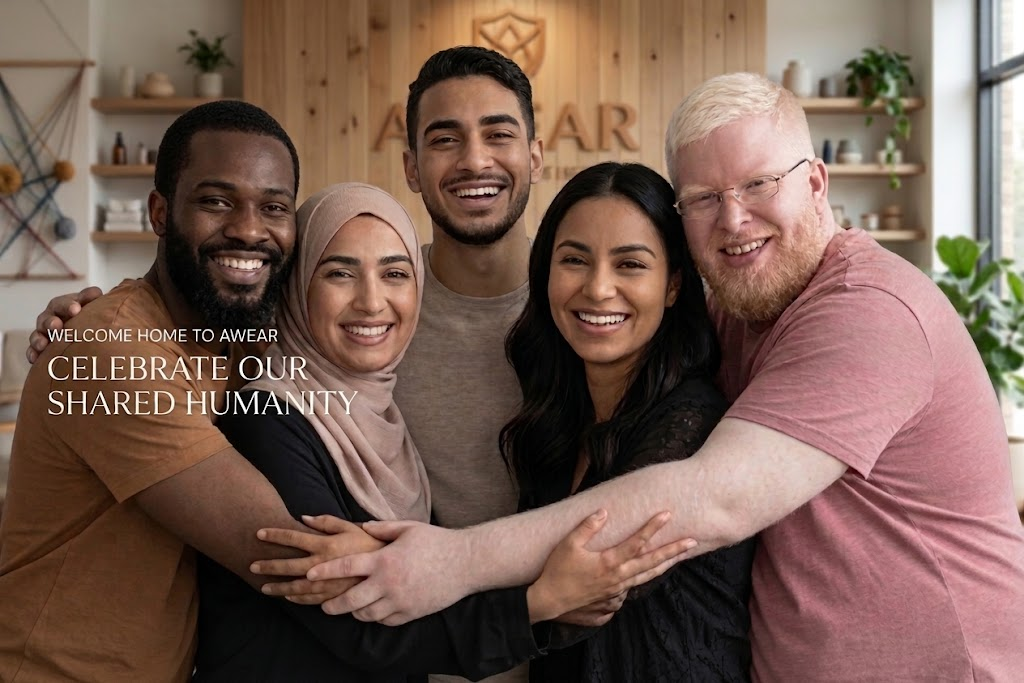 A diverse group of five people warmly embracing together