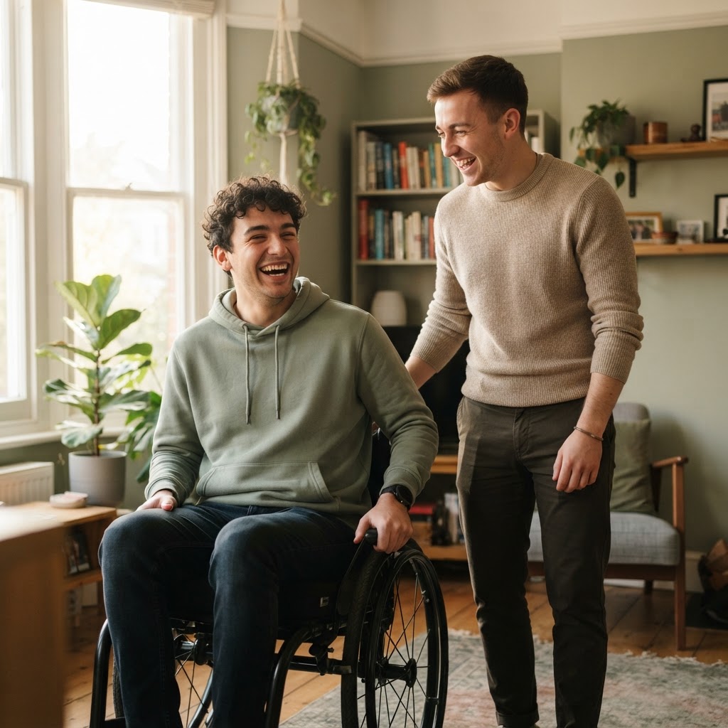 A man in a wheelchair laughing with a friend