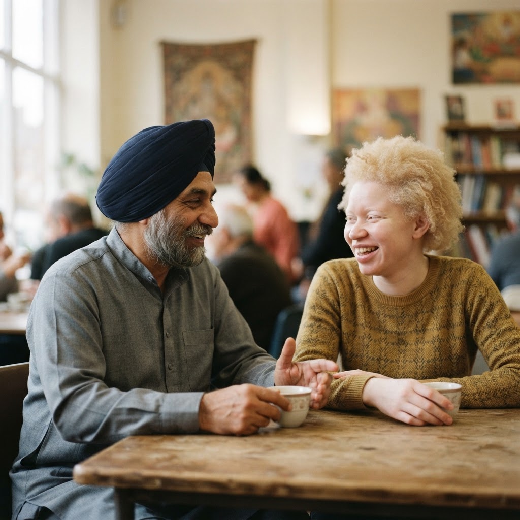 A Sikh man in a turban and an albino woman in friendly conversation