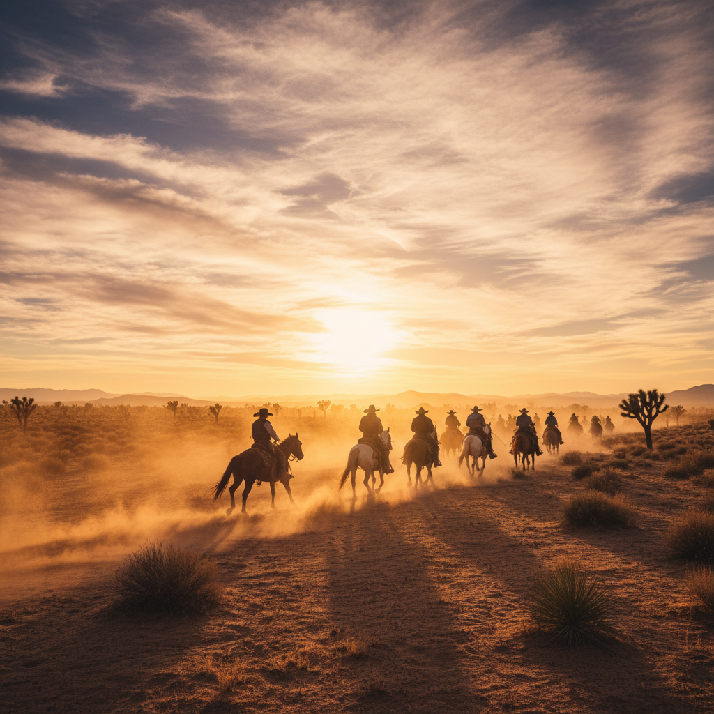Cowboys on horseback riding across the Mojave desert at golden hour