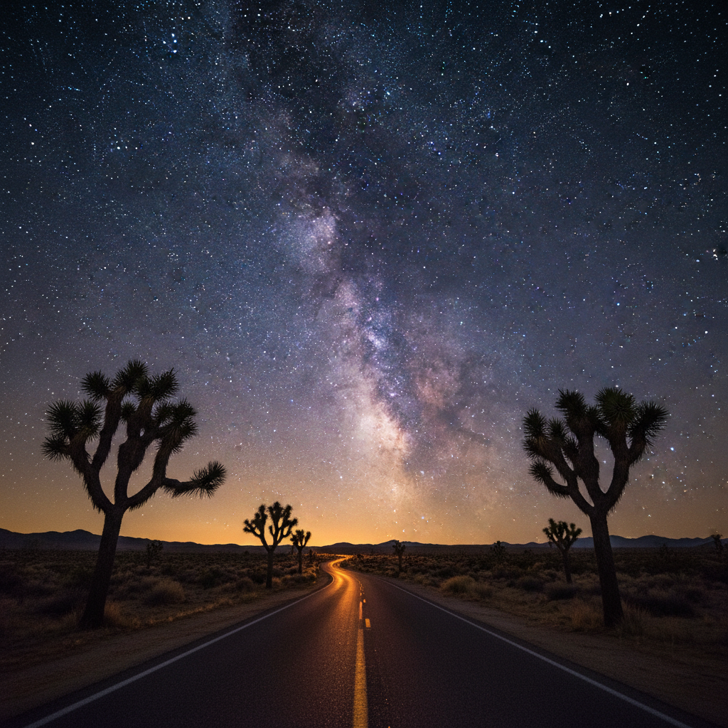 Desert highway under the Milky Way night sky with multiple Joshua tree silhouettes